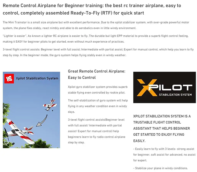VolantexRC 761-1 RC Airplane 2.4GHz 4Channel Gyro Trainstar RC Plane Glider EPP Foam Trainer Warbird Fixed Wing RTF One-Key U Turn