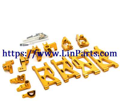 LinParts.com - WLtoys 124019 RC Car spare parts: Upgraded aluminum alloy 6-piece set C seat + steering cup + rear wheel seat + front and rear swing arms + steering group Golden