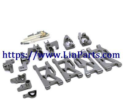 LinParts.com - WLtoys 124019 RC Car spare parts: Upgraded aluminum alloy 6-piece set C seat + steering cup + rear wheel seat + front and rear swing arms + steering group Gray